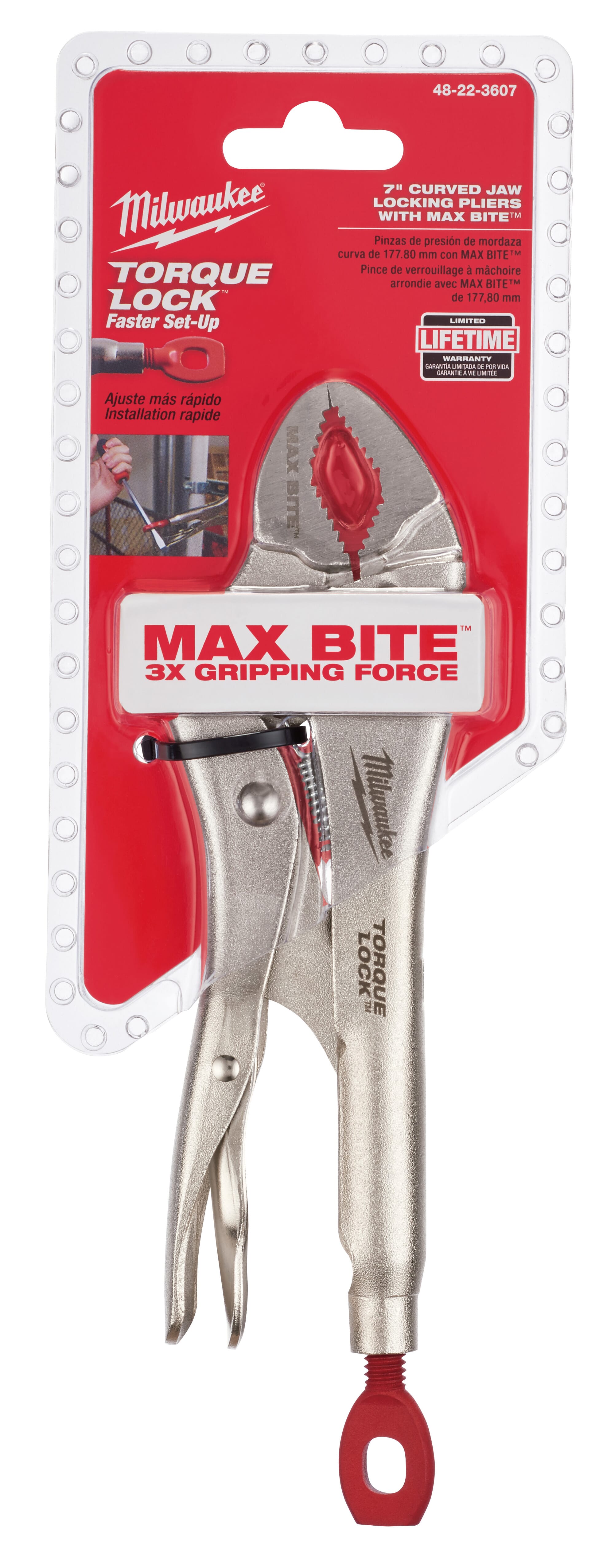 Milwaukee® TORQUE LOCK™ MAXBITE™ 48-22-3607 1-Handed Lever Standard Locking Plier, 1-1/2 in Nominal, 1-3/32 in L x 29/64 in W x 29/64 in THK Alloy Steel Curved Jaw, 7 in OAL, ASME Specified